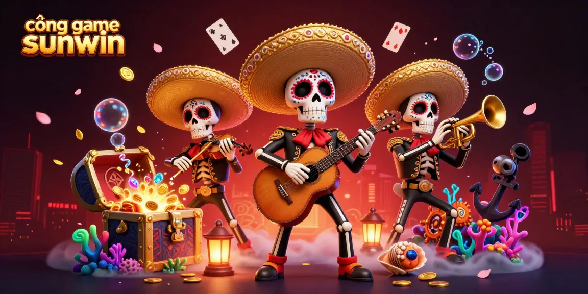 Experience the excitement of cổng game sunwin with vibrant 3D illustration featuring mariachi characters and treasure elements.