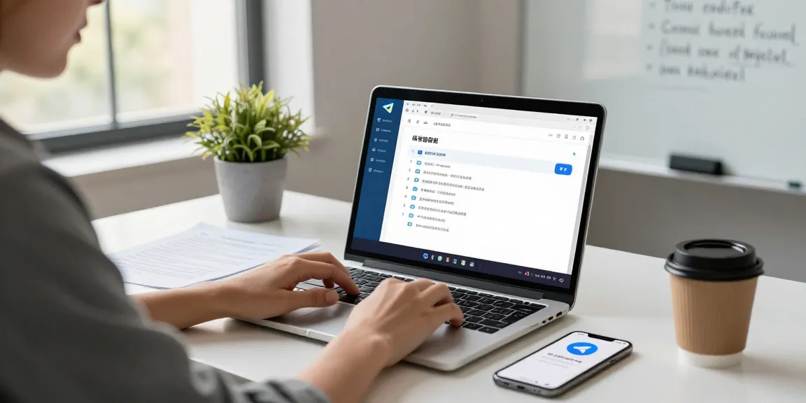 Setting up Telegram Chinese Version in a modern tech workspace with a laptop, language options, and inspiring environment.
