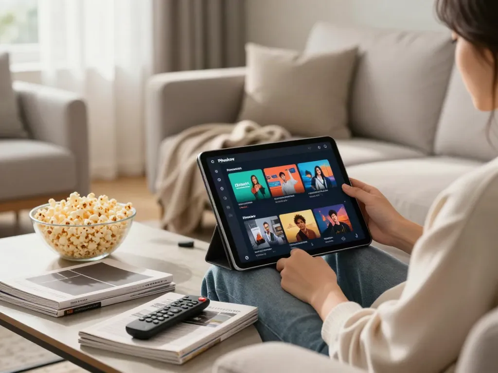 Engaging living room scene showcasing a person streaming on the Pikashow latest application on a tablet.