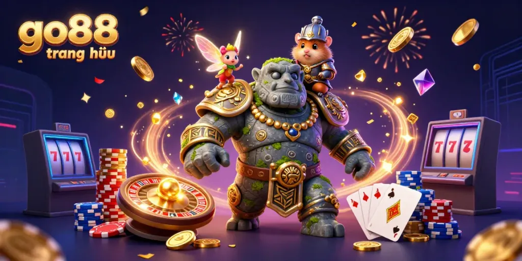 Engage with go88 trang chủ, featuring a stone golem guardian, fairy magic, and a hamster knight in a vibrant casino scene.