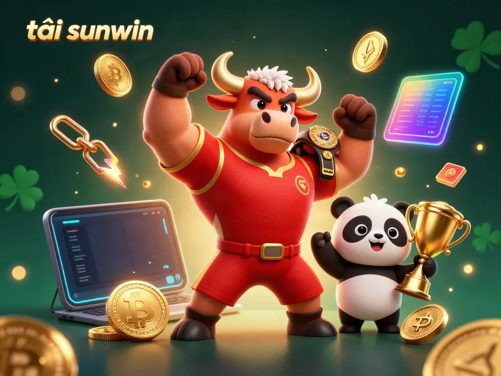 Win big with tải sunwin as a muscular bull mascot celebrates with a trophy and eagle.