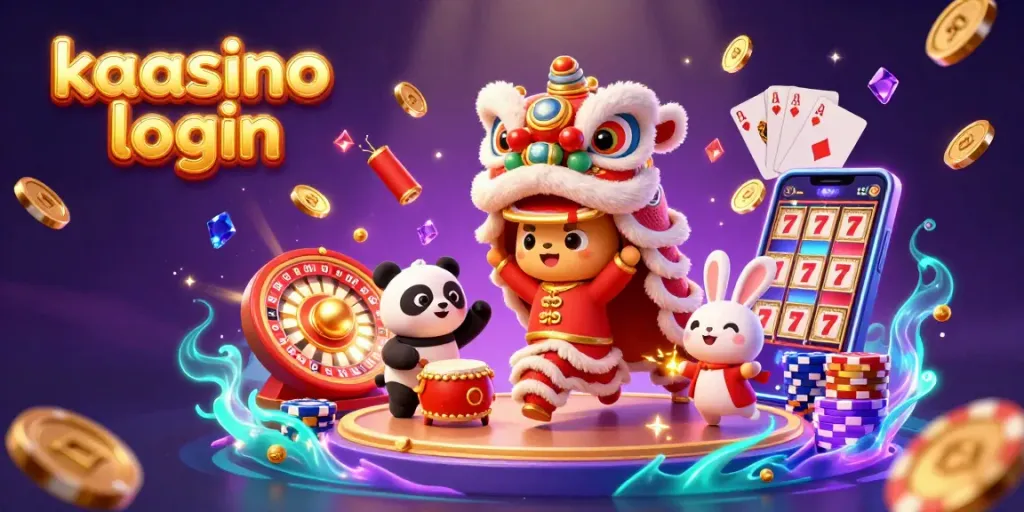 Kaasino login screen featuring a lively 3D illustration of a lion dance and casino symbols creating engaging action.