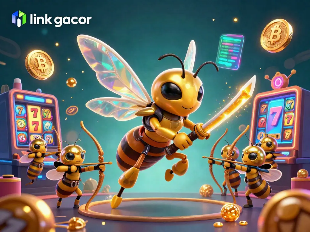 Experience the excitement of link gacor with a dynamic casino scene featuring a golden hornet wielding honey katanas while surrounded by slot reels.