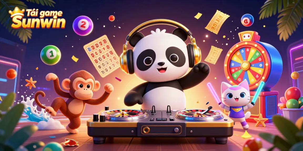 Tải game Sunwin with vibrant 3D characters in a casino-themed illustration showcasing excitement and fun.
