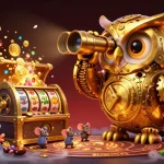 Explore the best online pokies with golden owl scanning vibrant casino floor amidst colorful slot elements.