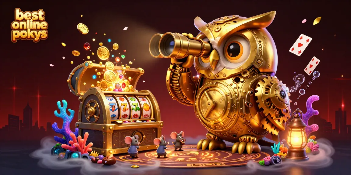 Explore the best online pokies with golden owl scanning vibrant casino floor amidst colorful slot elements.